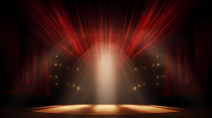 Red stage curtains, spotlights and wooden floor