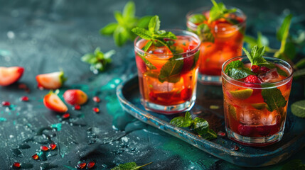 horizontal banner, Portugal day celebration, glasses of berry cocktail, fruit alcoholic cocktail with ice, mint and strawberries, dark background