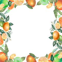 Square border template with citrus fruits. Lemon, lime and mandarine fruits, branches and leaves cutout on white. Hand drawn watercolor clipart. 