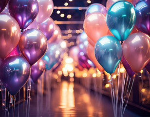 Um corredor decorado com vários balões perolados e coloridos.  Nitidez em primeiro plano.