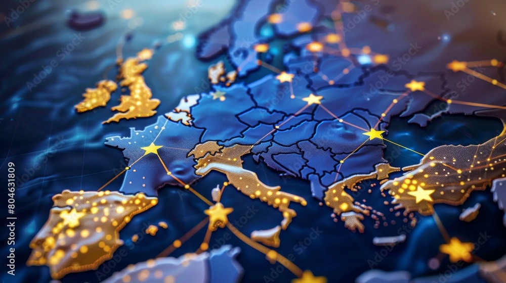Aufkleber Communication technology with global internet network connected in Europe. Telecommunication and data transfer european connection links. IoT, finance, business, blockchain, security.