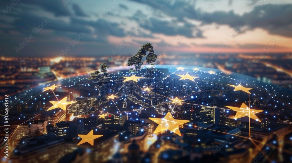 Aufkleber communication technology with global internet network connected in europe. telecommunication and dat