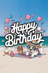 Fototapeta premium Happy Birthday Beach Celebration with Cute Dog, Balloons, and Cupcakes