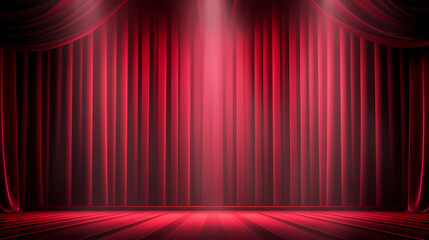 Red stage curtains, spotlights and wooden floor