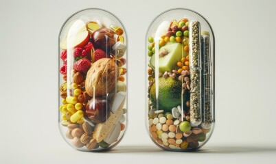 Dietary supplement in capsule form with fruits, vegetables, nuts and beans inside a food tablet, on a gray background, with copy space,. Alternative medicine concept.