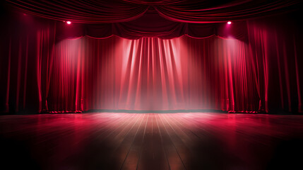 Red stage curtains, spotlights and wooden floor