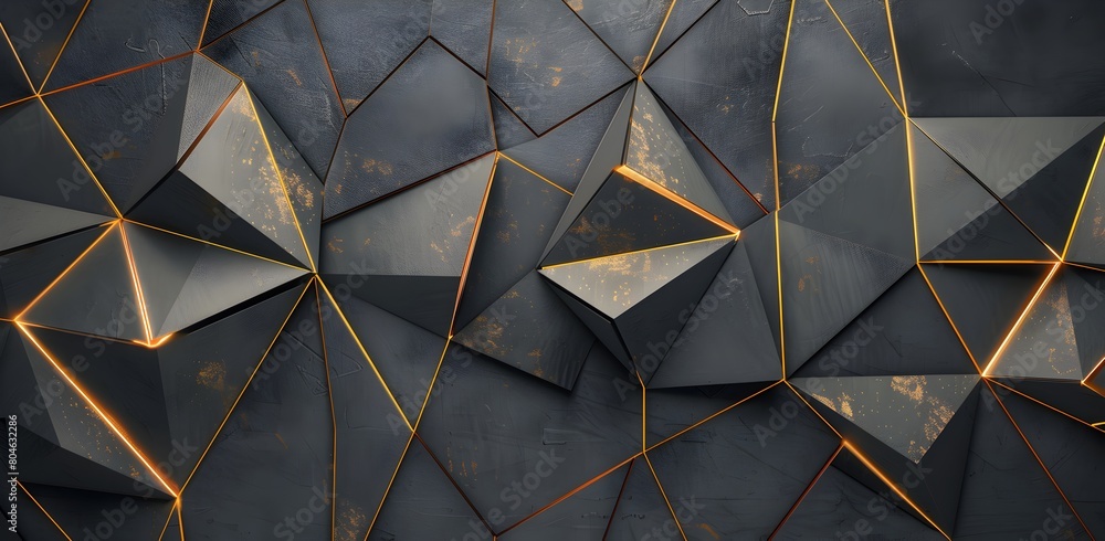 Poster 3d render of grey and gold abstract background with golden geometric pattern for design template, se