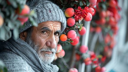 Elderly man with horse on a fruit farm. Bright colors.
