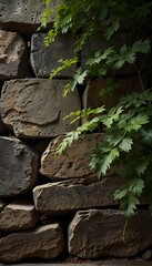vertical background of dark stone wall with a vine branch climbing up it with green leaves