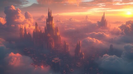 Naklejka premium Fantasy City Above Clouds at Sunrise