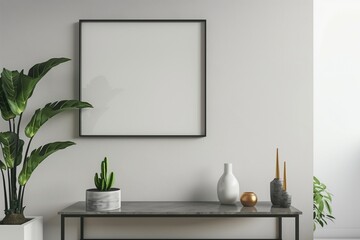 A black framed white wall with a plant and a white vase on a shelf. The plant is a small green plant with a leafy stem