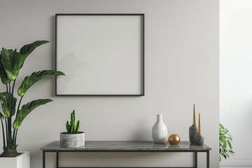 A black framed white wall with a plant and a white vase on a shelf. The plant is a small green plant with a leafy stem - Powered by Adobe