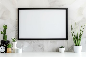 A black framed white wall with a plant and a white vase on a shelf. The plant is a small green...