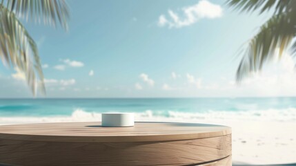 Summer sand and sea product placement background with empty flat stone podium