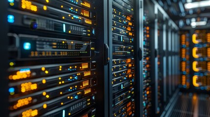 Futuristic neon data center with bright colors.