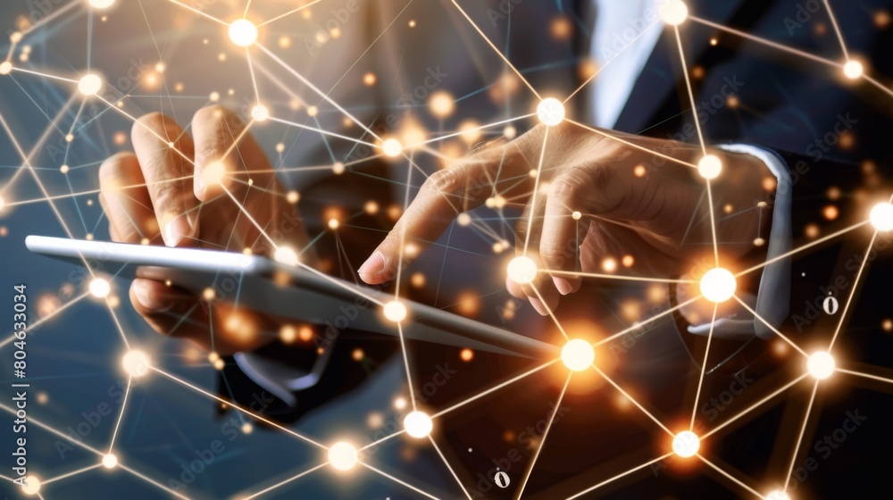 Poster Customer Relationship Management, Businessman use tablet with global structure customer network technology, Data exchanges development. customer service, social media. digital marketing online