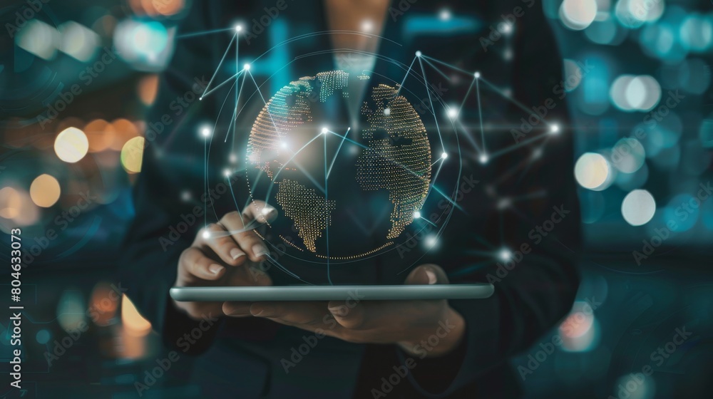 Poster Customer Relationship Management, Businessman use tablet with global structure customer network technology, Data exchanges development. customer service, social media. digital marketing online