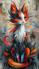 Cute whimsical graphical colorful cat with geometric hair, intricate patterns, long legs and fluffy tail. with colorful background.