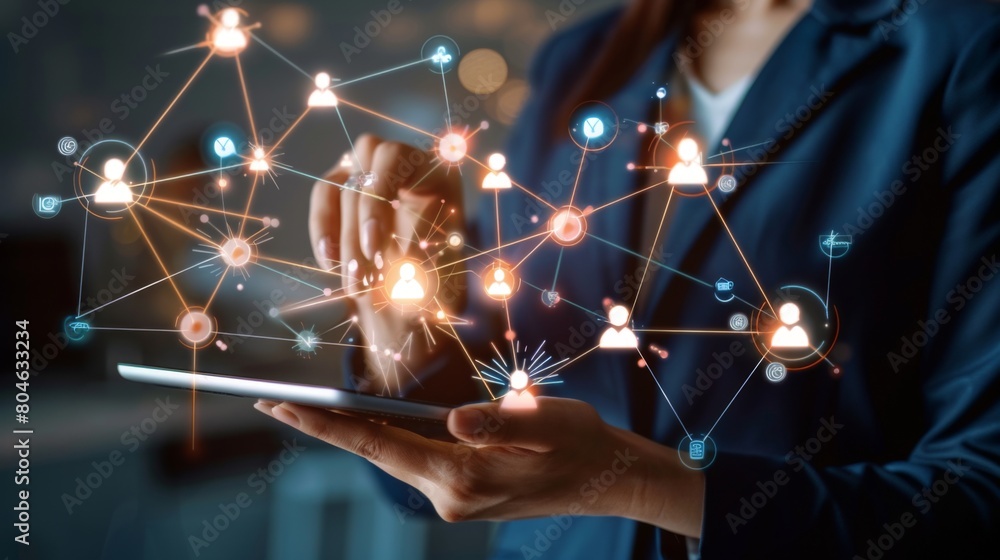 Poster Customer Relationship Management, Businessman use tablet with global structure customer network technology, Data exchanges development. customer service, social media. digital marketing online.