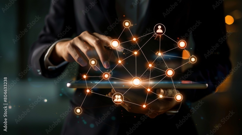 Poster Customer Relationship Management, Businessman use tablet with global structure customer network technology, Data exchanges development. customer service, social media. digital marketing online.