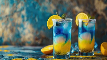 horizontal banner, celebration of the National Day of Sweden, Swedish flag, citrus alcoholic cocktails with lemon and mint on the background of a painted wall, copy space, free space for text