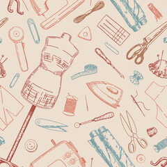 Seamless pattern of tailor tools. Ornament of sewing machine, mannequin, fabrics, threads, needles, scissors, dressmaker equipment.