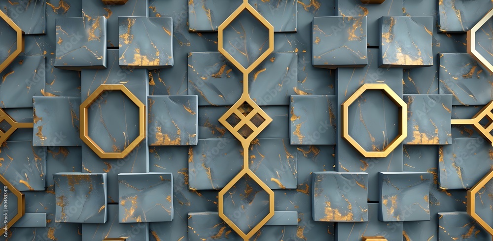 Poster 3d render of grey and gold abstract background with golden geometric pattern for design template, se