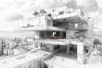 Obraz premium A complex and detailed architectural drawing of a contemporary building showcasing its design and structure