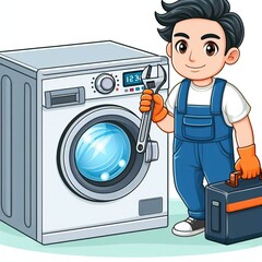 Professional Appliance Repair: Cartoon Technician Fixing a Washing Machine.