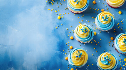 horizontal banner, National Day of Sweden background, Swedish flag, sweets for children, cupcakes with cream, homemade cakes, top view, copy space, free space for text