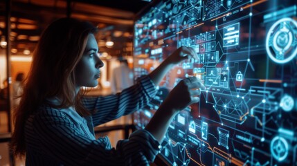 Digital technology, internet network connection, big data, digital marketing IoT internet of things. Woman using modern computer surfing internet futuristic metaverse, innovative technology background