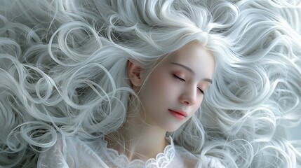 Serene Portrait of Woman with Flowing White Hair