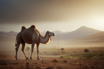 illustration of camel with blurry mosque and desert background

