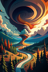 Surreal Twisting Landscape with Whirlwind Sky and Winding Road