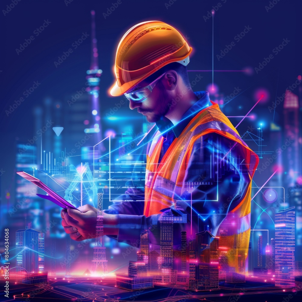 Poster digital world smart city, engineer working with digital technology security control power energy and