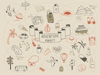 Adventure awaits. Icon set of elements for summer vacation travel, hand drawn vector doodles in sketch style.