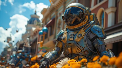 Astronaut in Golden Suit Picking Flowers