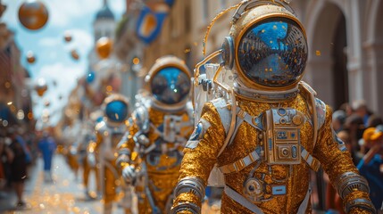 Naklejka premium Astronaut Parade in Golden Space Suits on City Street