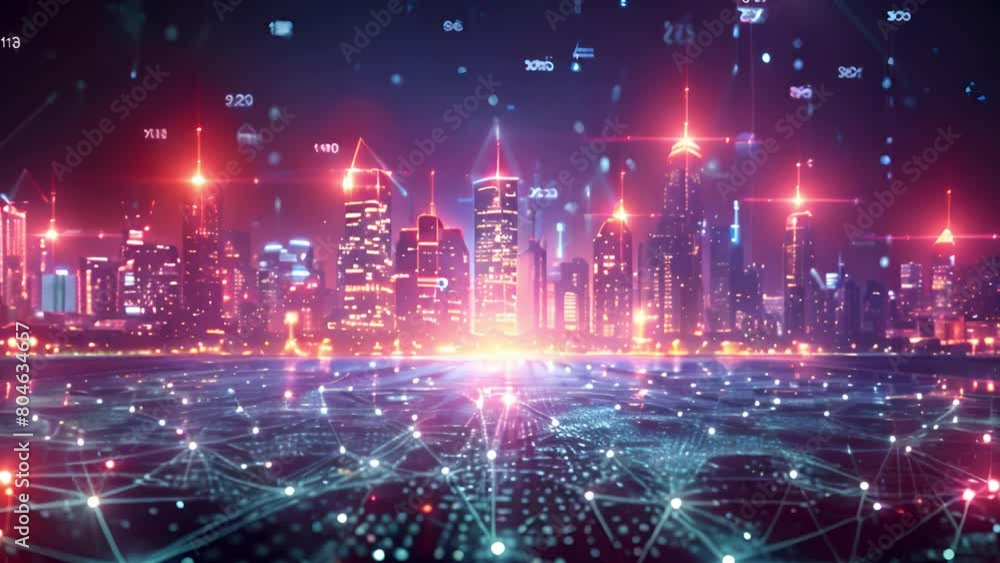 Poster a vibrant futuristic skyline with digital overlays signifying connectivity.