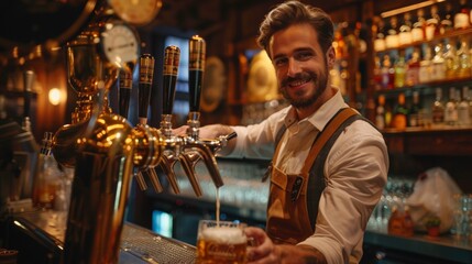 Smiling bartender serving a fresh draft beer at a cozy pub