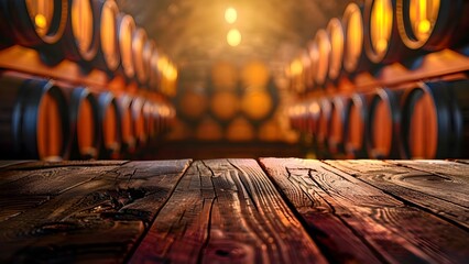 Vintage wooden table and storage barrels set against a blurred wine cellar background. Concept...