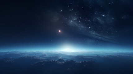 The night sky is filled with stars and clouds, creating an ethereal atmosphere