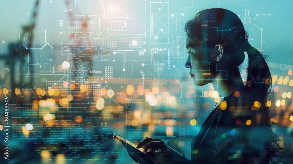 Aufkleber Double exposure of businesswoman using tablet and technology global networking security information with innovation icon virtual screen,