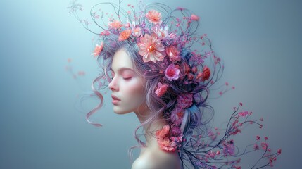 Ethereal Woman with Floral Headdress in Dreamy Tones