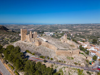 Aerial drone view on the Spanish village and fortress of La Guardia de Jaen.