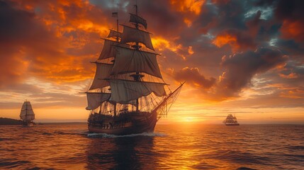 Golden Sunset Sailing with Vintage Ships