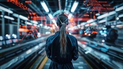 Female in coveralls with her back turned Standing at Electronics Factory. Augmented Reality Visualization of a Conveyor Belt Production Line with Robot Arms - Powered by Adobe