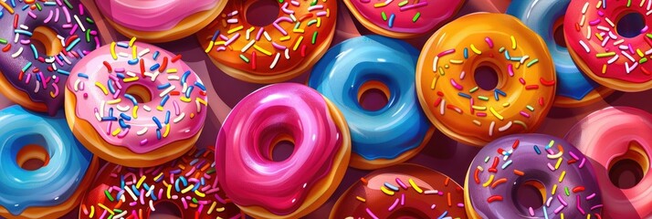 illustration, horizontal banner, National Donut Day, lots of colorful donuts covered with icing and confetti, background