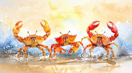 Three crabs are walking on the beach. The sun is setting in the background. - obrazy, fototapety, plakaty