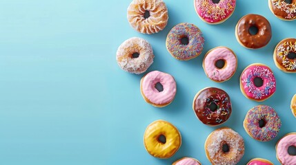 horizontal banner, National Donut Day, lots of colorful donuts covered with icing and confetti, blue background, copy space, free space for text in the center